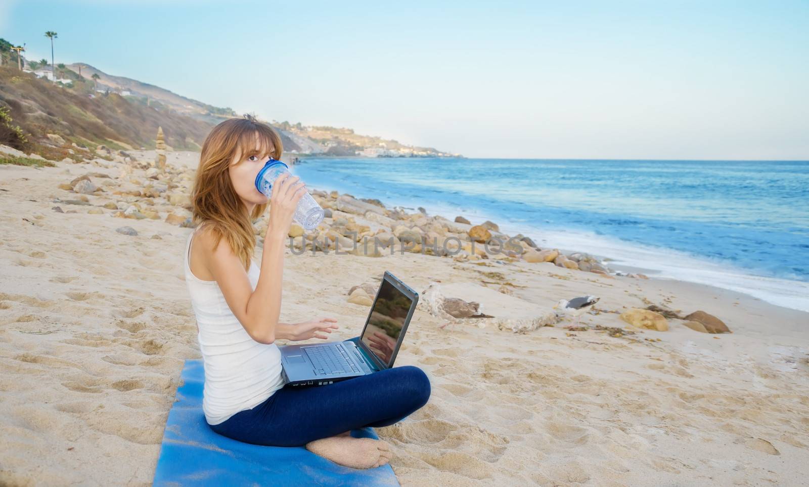 Young pretty woman with laptop on the beach by the ocean 