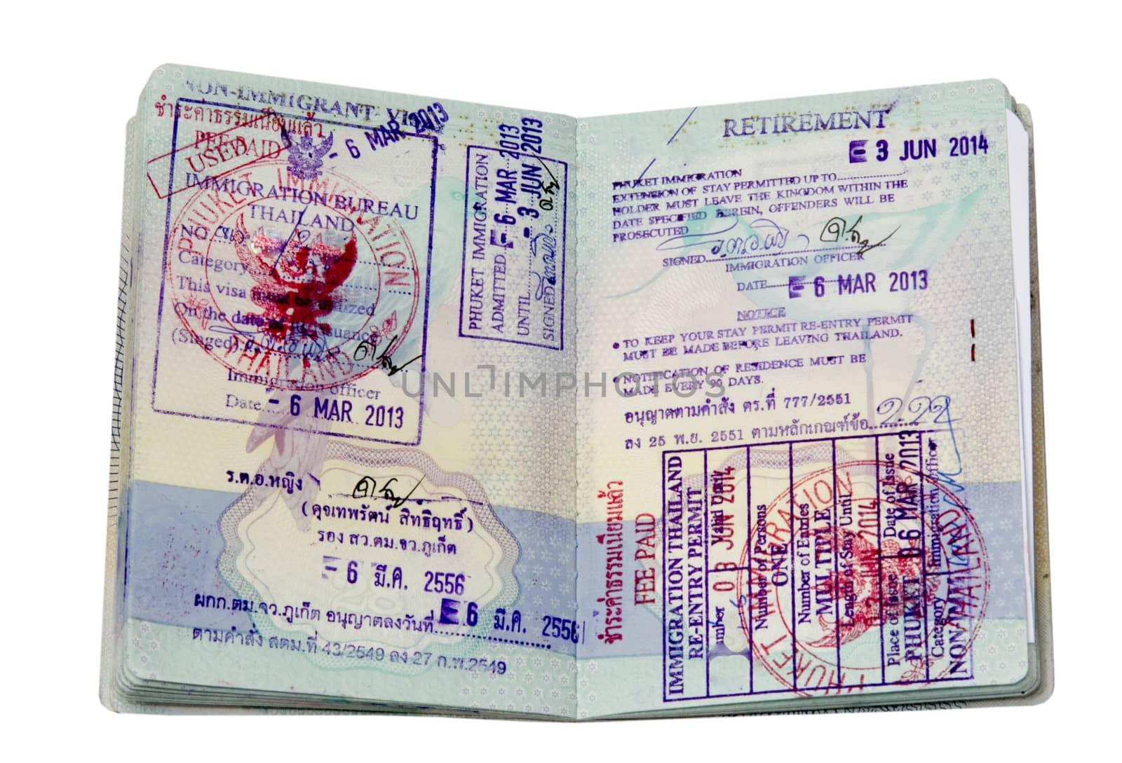 Passport showing Thai non immigrant "O" visa, retirement visa and re-entry permit.immigration, validity