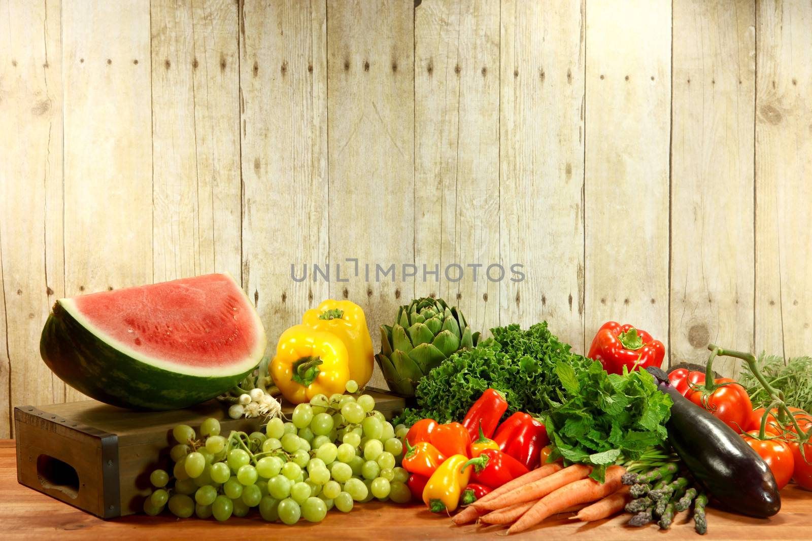 Bunch of Grocery Produce Items on a Wooden Plank