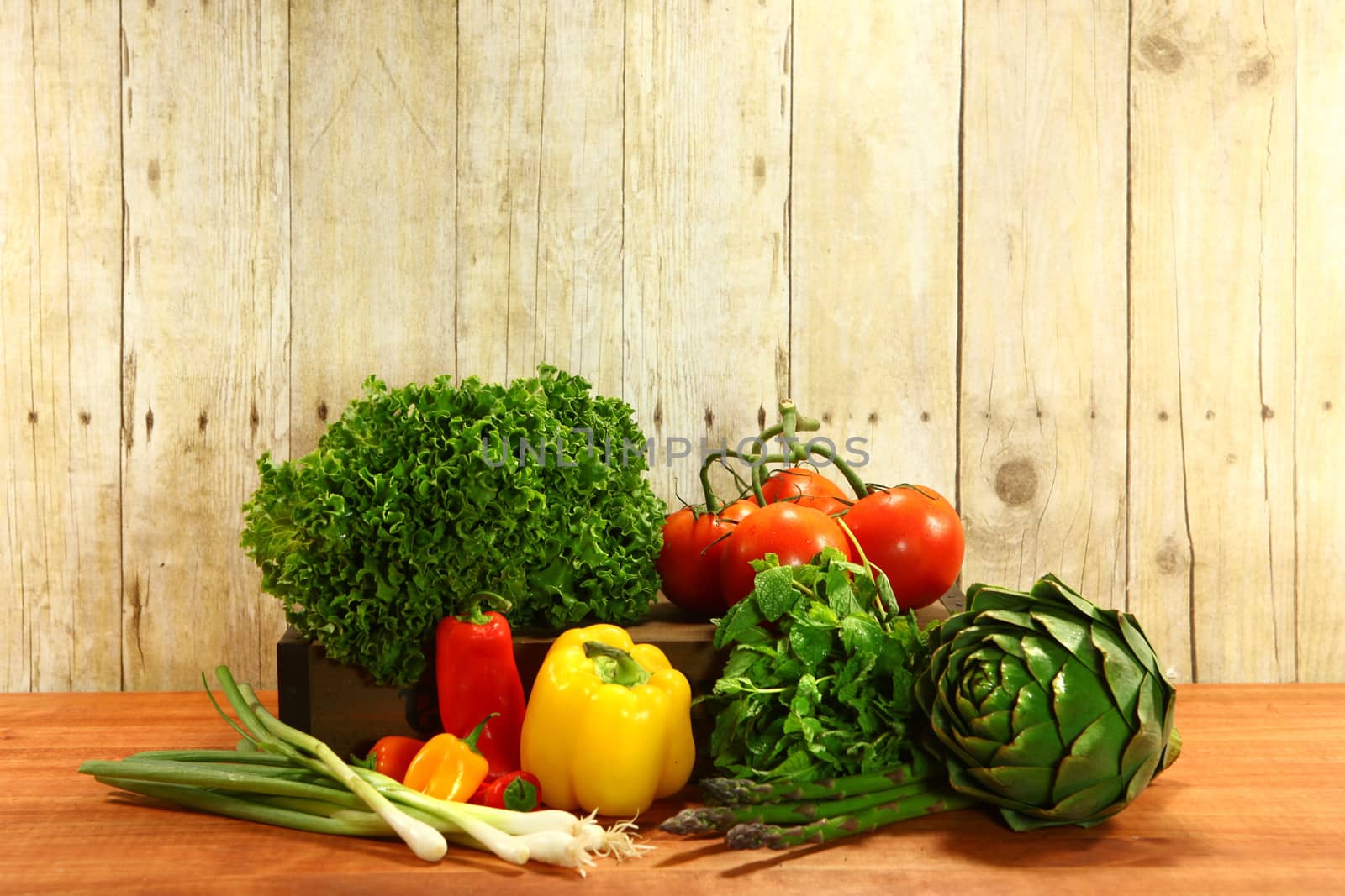 Grocery Produce Items on a Wooden Plank by tobkatrina