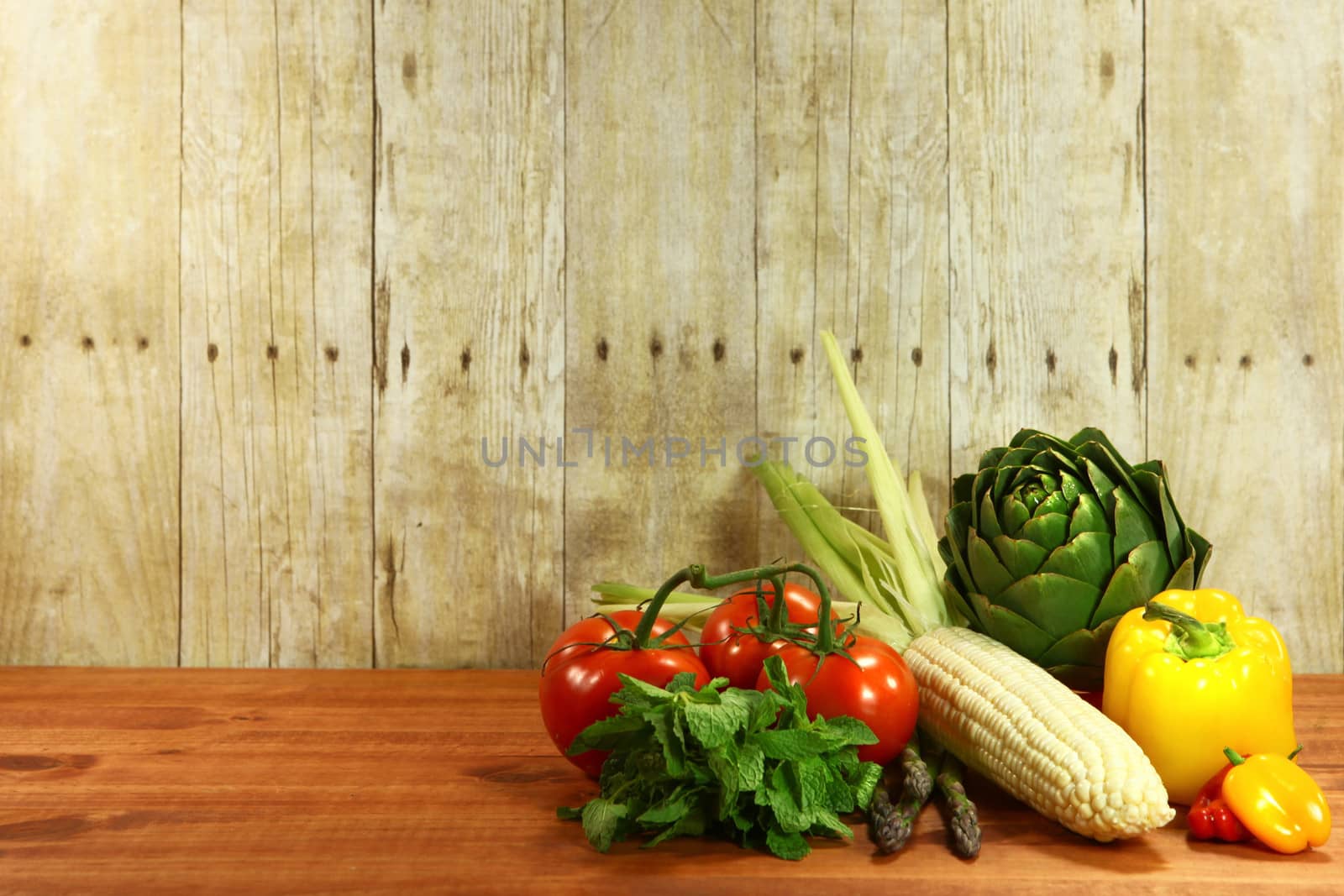 Grocery Produce Items on a Wooden Plank by tobkatrina