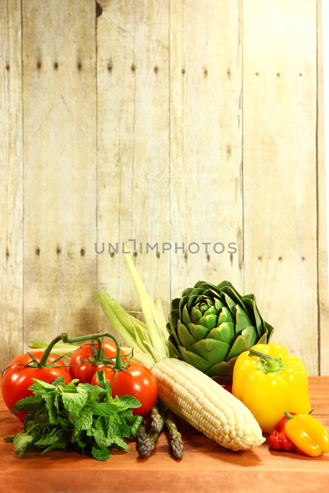 Grocery Produce Items on a Wooden Plank by tobkatrina