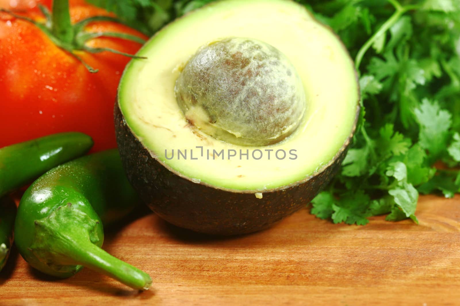 Picante Salsa Ingredients of Avocado, Cilantro, Tomatoes and Peppers