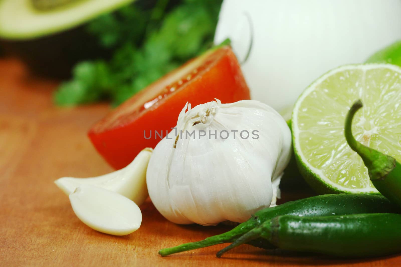 Picante Salsa Ingredients of Avocado, Cilantro, Tomatoes and Peppers