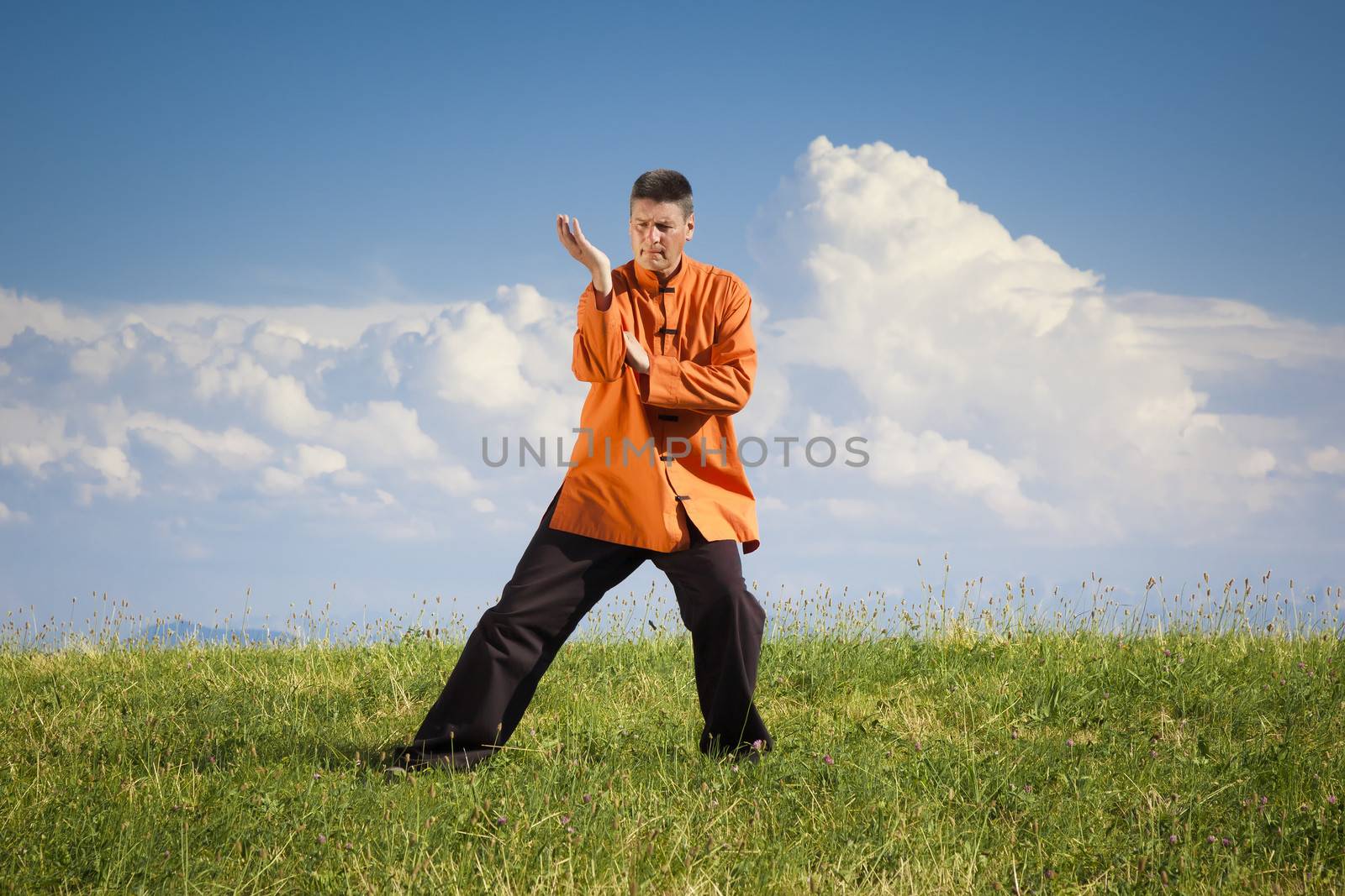 A man doing Qi-Gong in the green nature