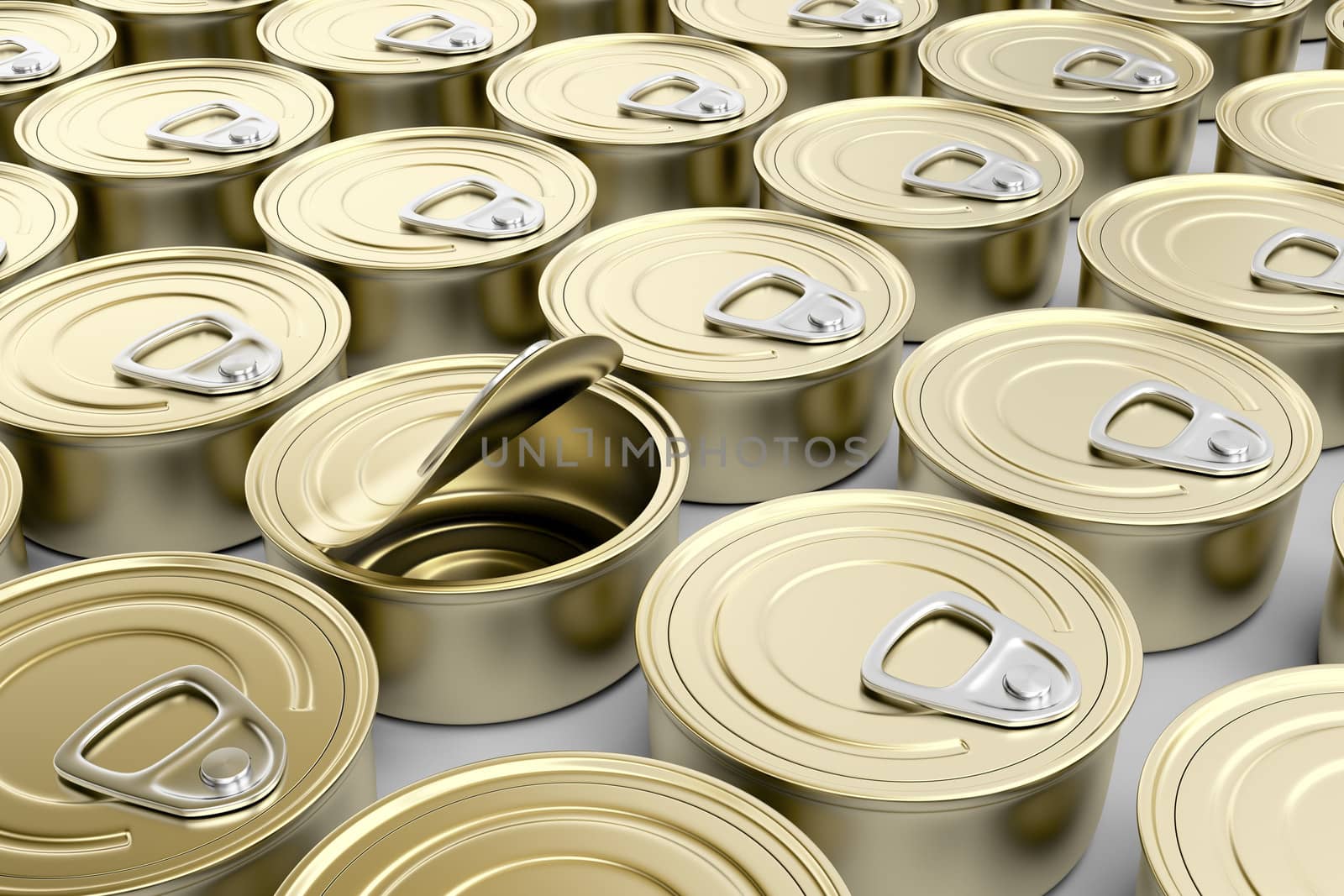 One defective tin can in multiple rows of tin cans