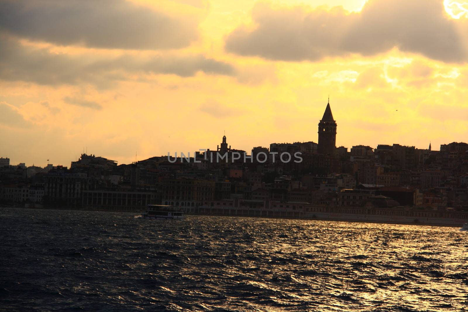 silhoutte of istanbul city with sea and mosque view