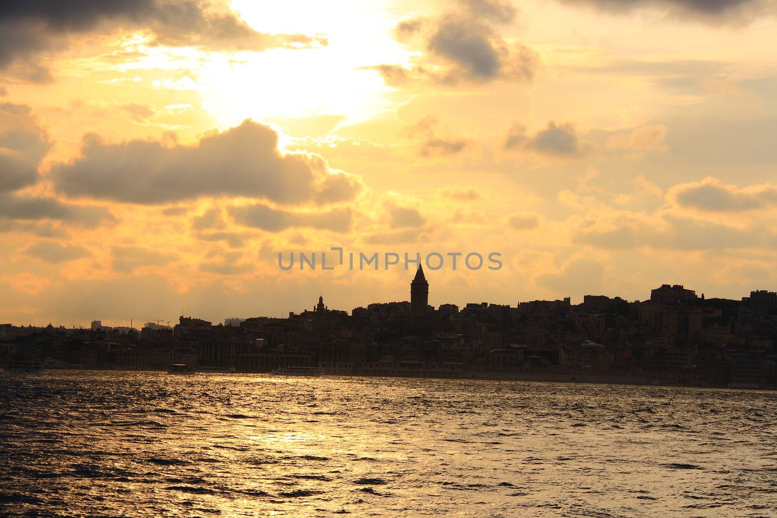 silhoutte of istanbul city with sea and mosque view