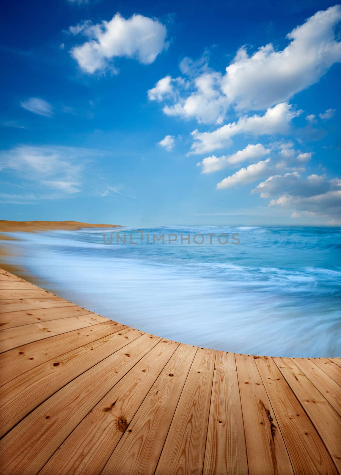 Wooden floor and blue beach in Terengganu, West Malaysia