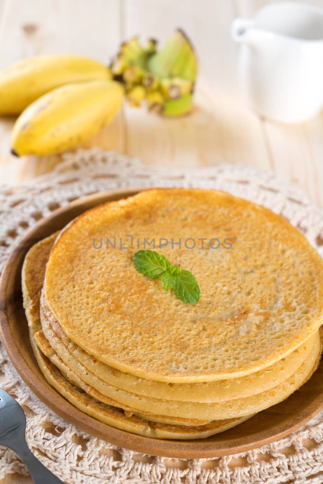 Banana pancakes. Asian style homemade breakfast.