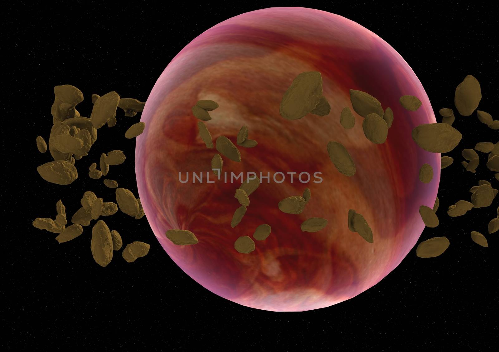 Far-out planet and asteroids in space opposite to stars. "Elements of this image furnished by NASA".