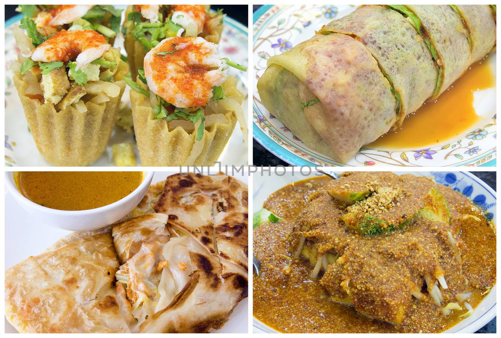 Southeast Asian Singapore Local Dishes Closeup og Poh Piah Kueh Pie Tee Roti Prata Tauhu Goreng Collage