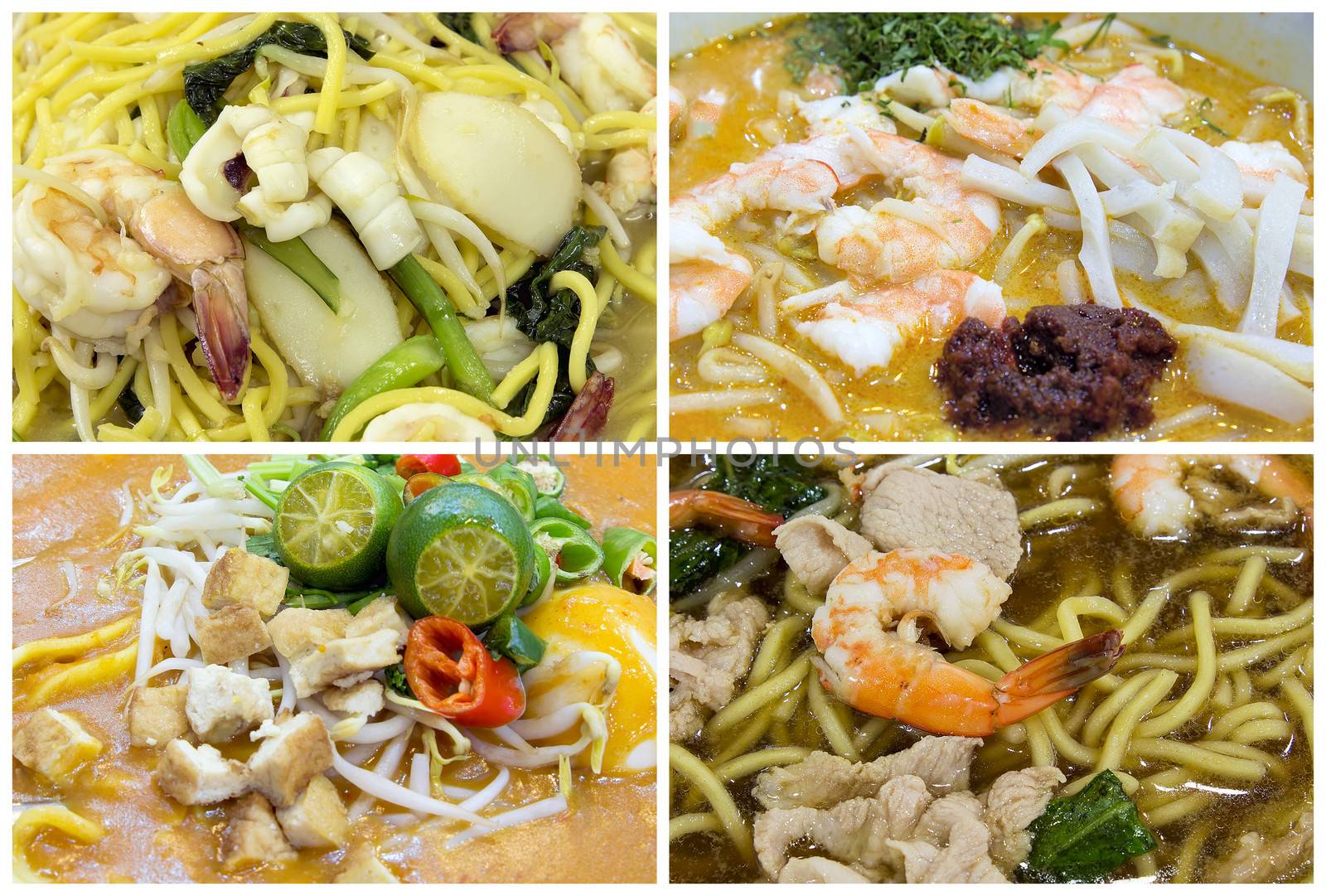 Southeast Asian Singapore Hawker Food Stall Noodles Dishes Closeup Collage