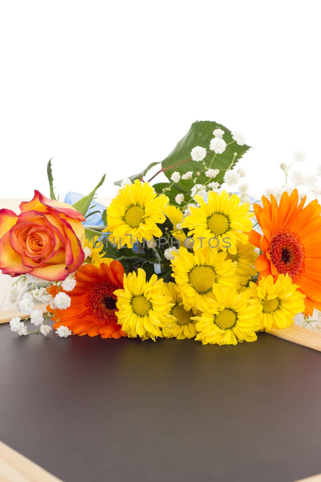 Beautiful and colorful bouquet on blank blackboard