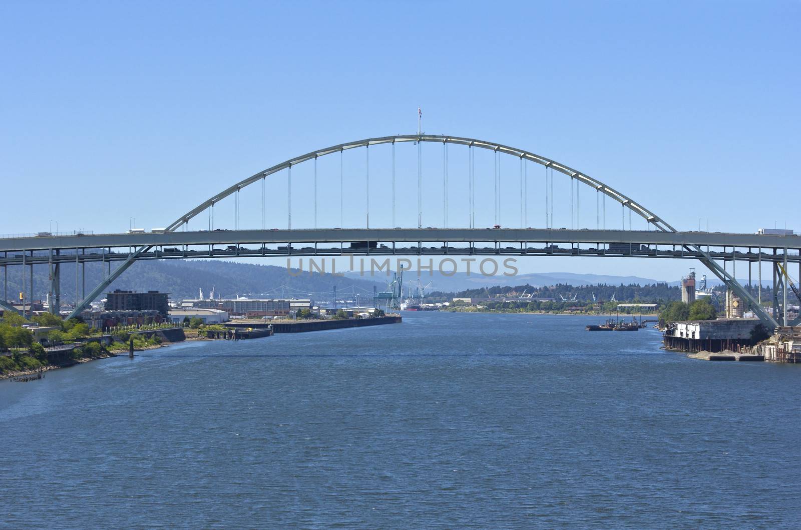 Rush hour traffic on the freemont bridge Portland Oregon.