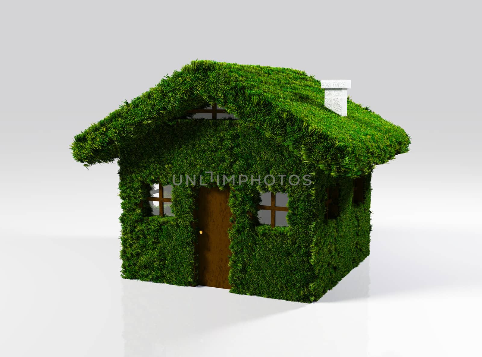 a closeup of a small house that has the whole walls and roof covered by lawn except the door, windows and chimney. On a white background