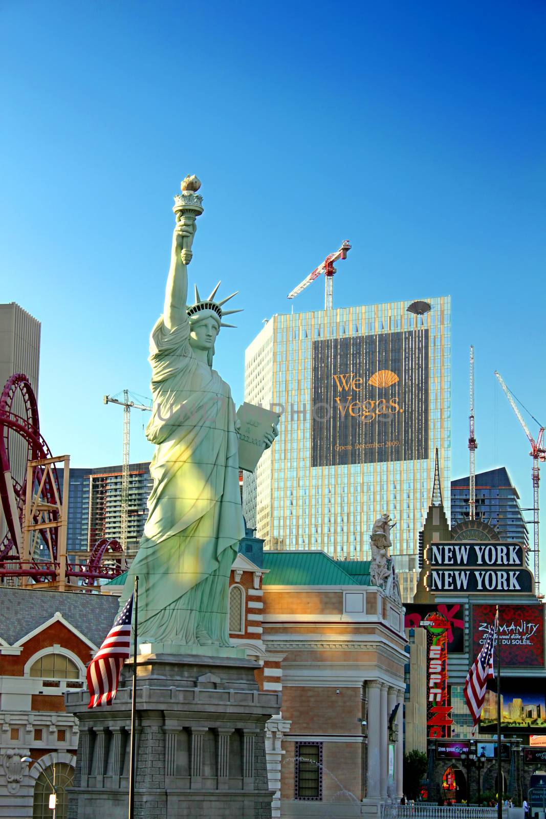 Las Vegas, USA - August 19, 2009: The New York New York Hotel and Casino in Las Vegas on Tropicana Avenue and Las Vegas Boulevard features a replica of the Statue of Liberty.  The architecture of the resort and casino is made to look like the skyline of New York.
