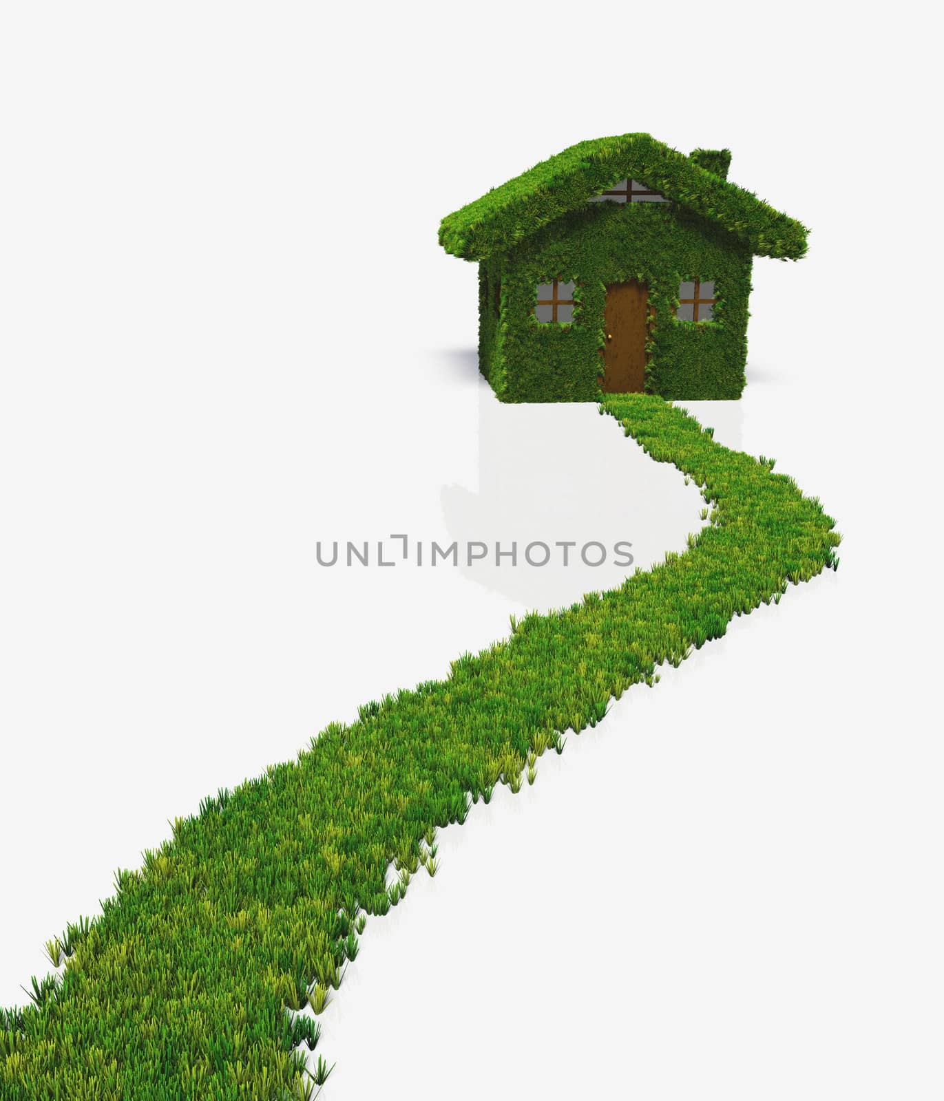 a grassy path reaches a small house that has the whole walls and roof covered by lawn except the door, windows and chimney. On a white background