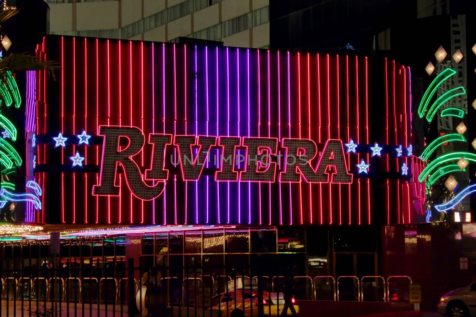 Las Vegas, USA - August 26, 2009: The Riviera Hotel and Casino is one of the first flashy hotel casinos to open on Las Vegas Boulevard in 1955.  Seen here is the brightly decorated sign near the main entrance to the building.