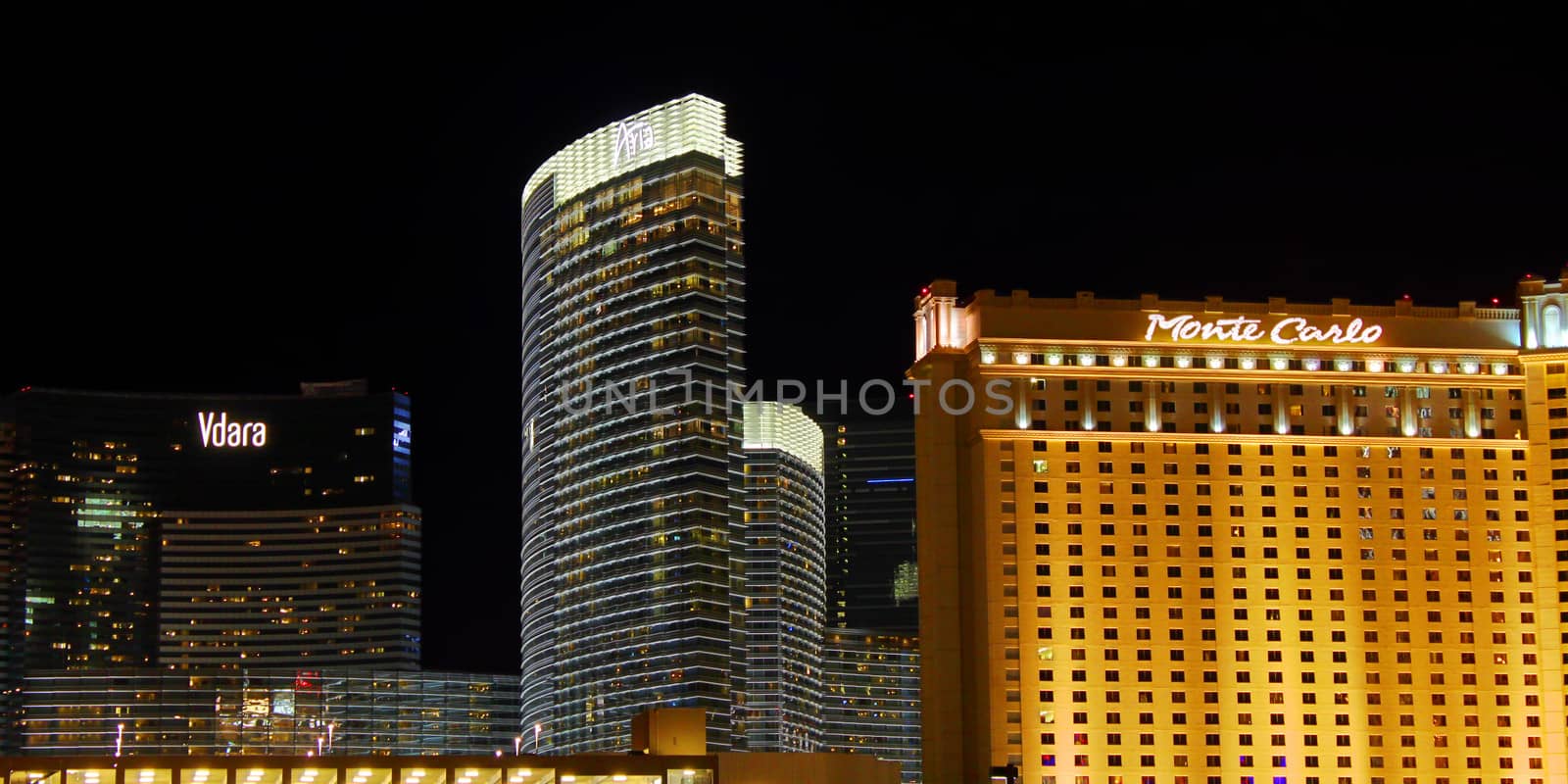 Las Vegas, USA - May 23, 2012: Famous hotels of the Las Vegas Strip in Nevada.  The Strip is about 4 miles long and seen here are the Vdara, the Aria, and the Monte Carlo.