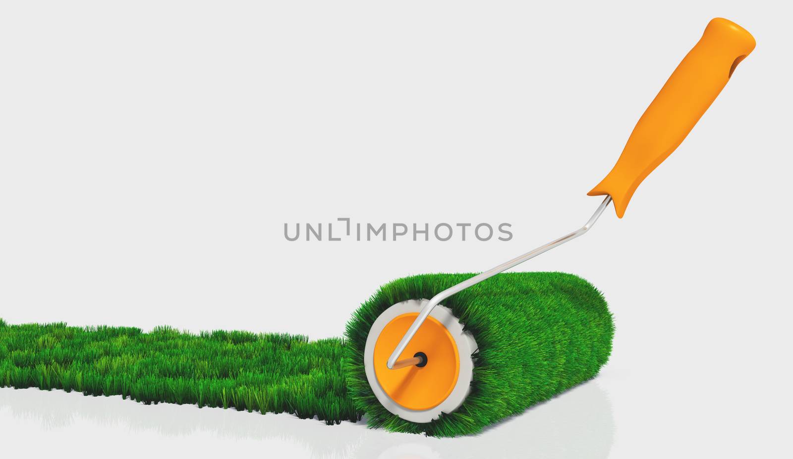 a closeup of a paint roller with an orange handle, that is painting a grassy strip on a white ground using lawn as colour