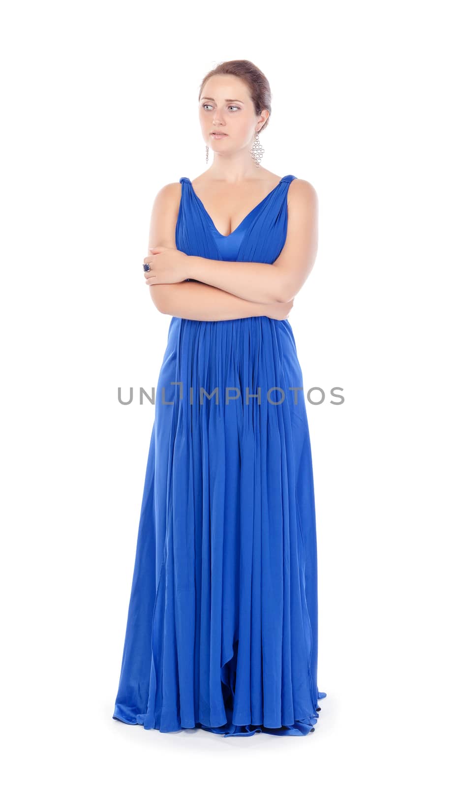 Full length portrait of a beautiful young woman in blue dress