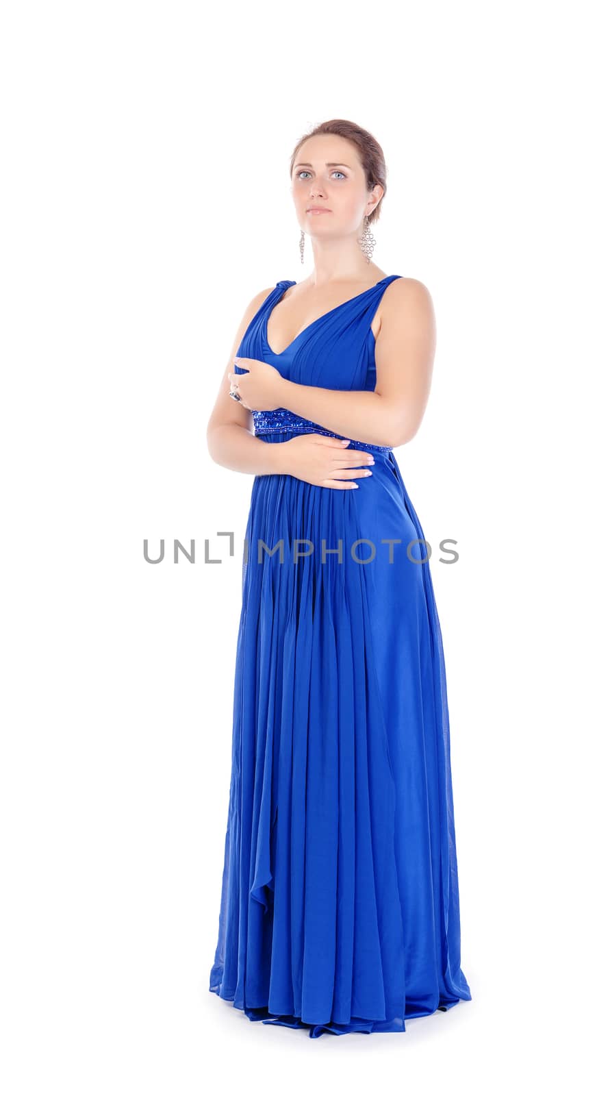 Full lenght portrait of a beautiful young woman in blue dress by Discovod