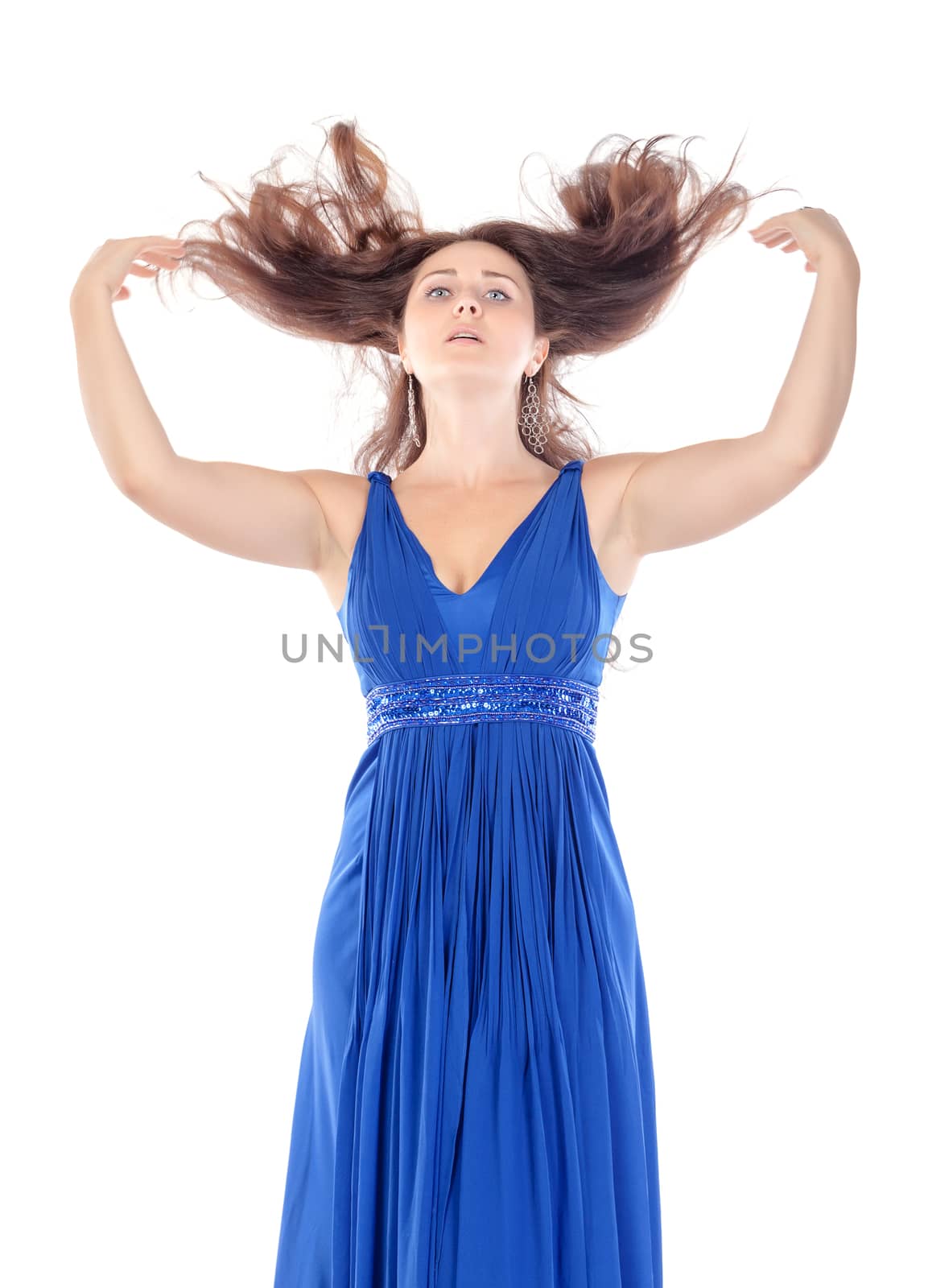 Portrait of a beautiful young woman in blue dress with streaming by Discovod