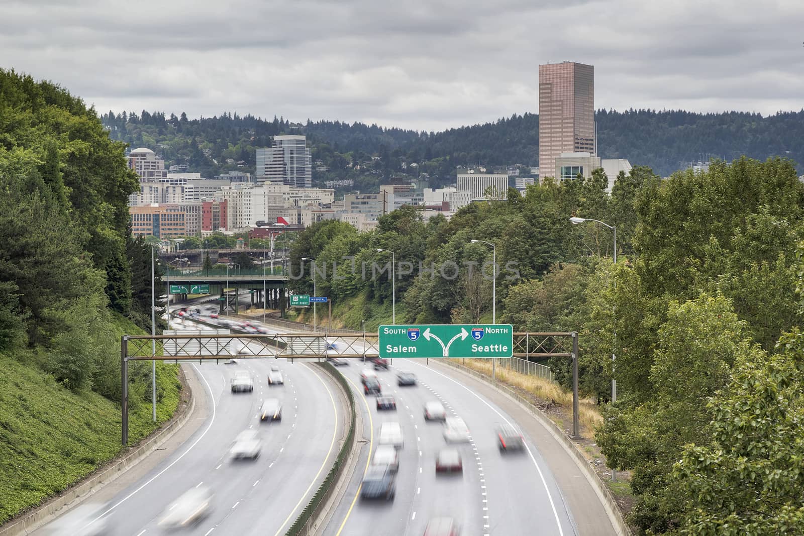 I-84 to I-5 Interstate Freeway in Portland Oregon with Long Exposure Vehicle Traffic Motion