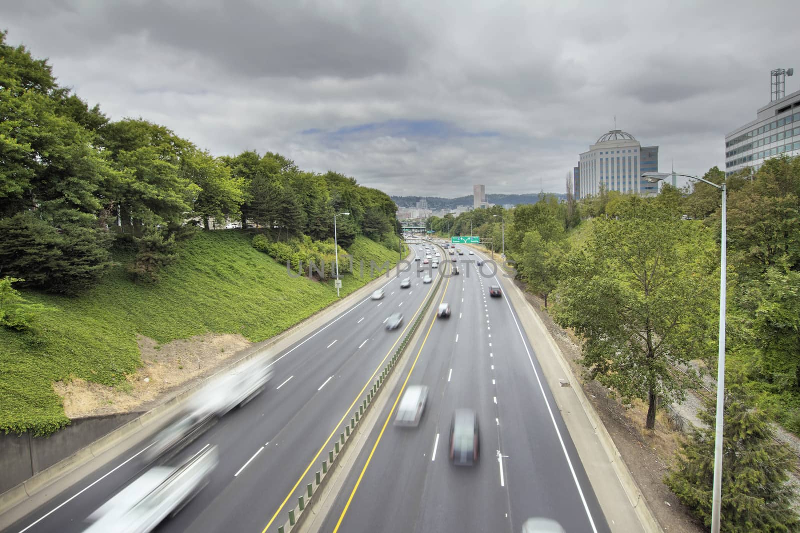 I-84 Interstate Freeway in Portland Oregon with Long Exposure Vehicle Traffic Motion