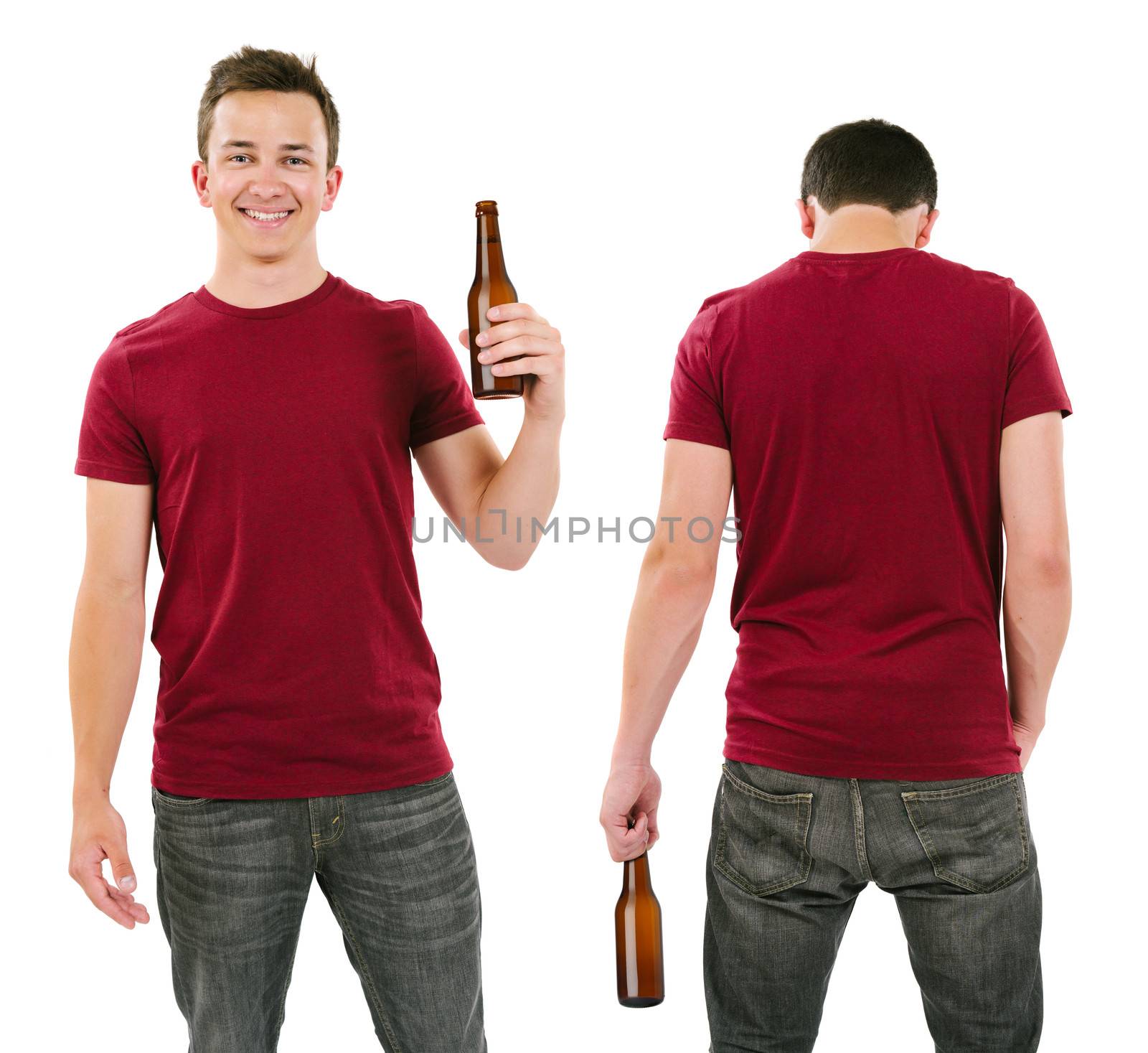 Male with blank burgundy shirt and drinking beer by sumners
