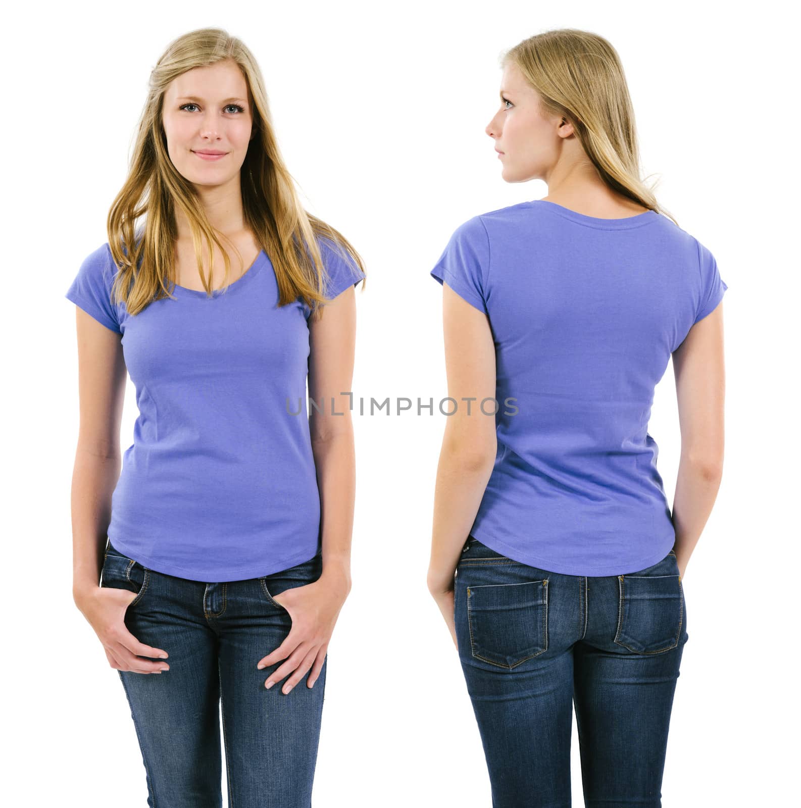 Photo of a young adult female posing with a blank purple shirt.  Front and back views ready for your artwork or designs.