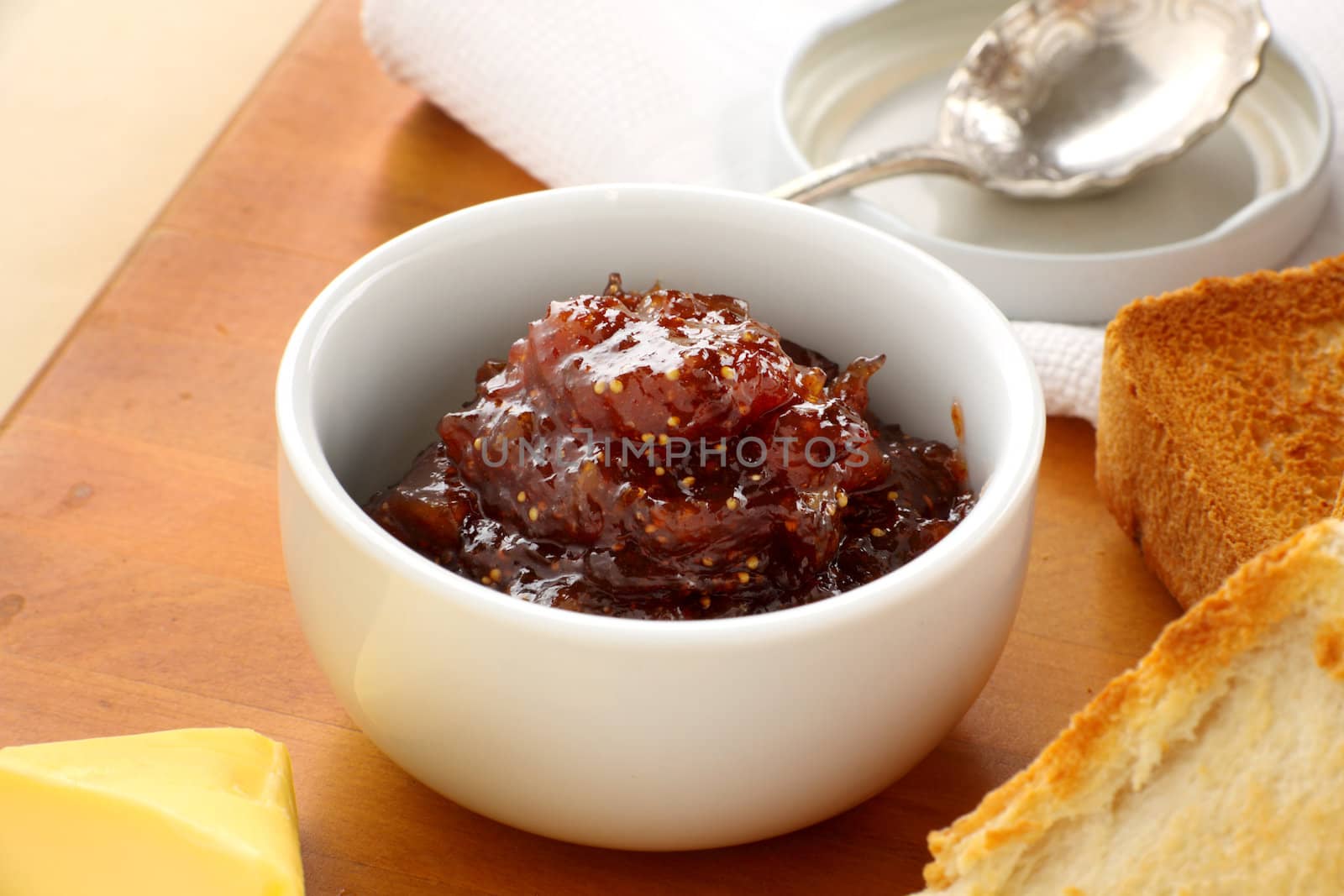 Delicious fresh homemade fig jam ready to spread on bread.