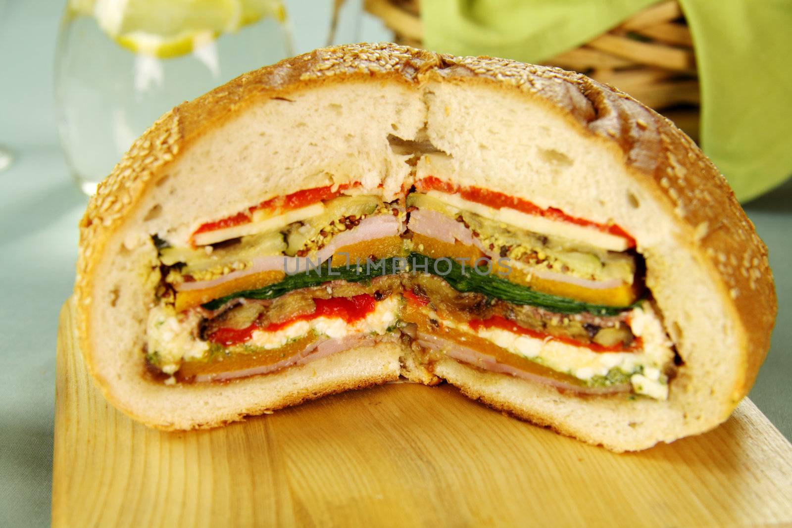Delicious savory cob loaf filled with ham, salami, aubergine, cottage cheese and vegetables.