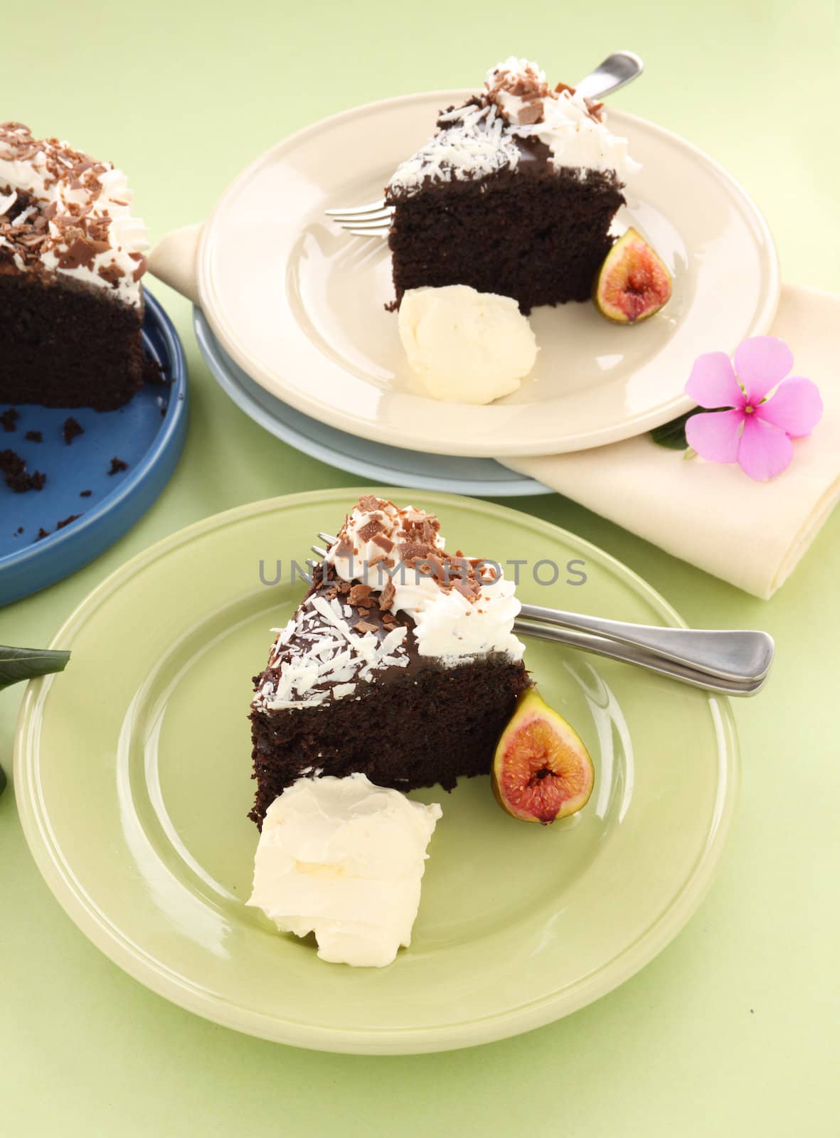 Delicious slices of chocolate mud cake ready to serve.