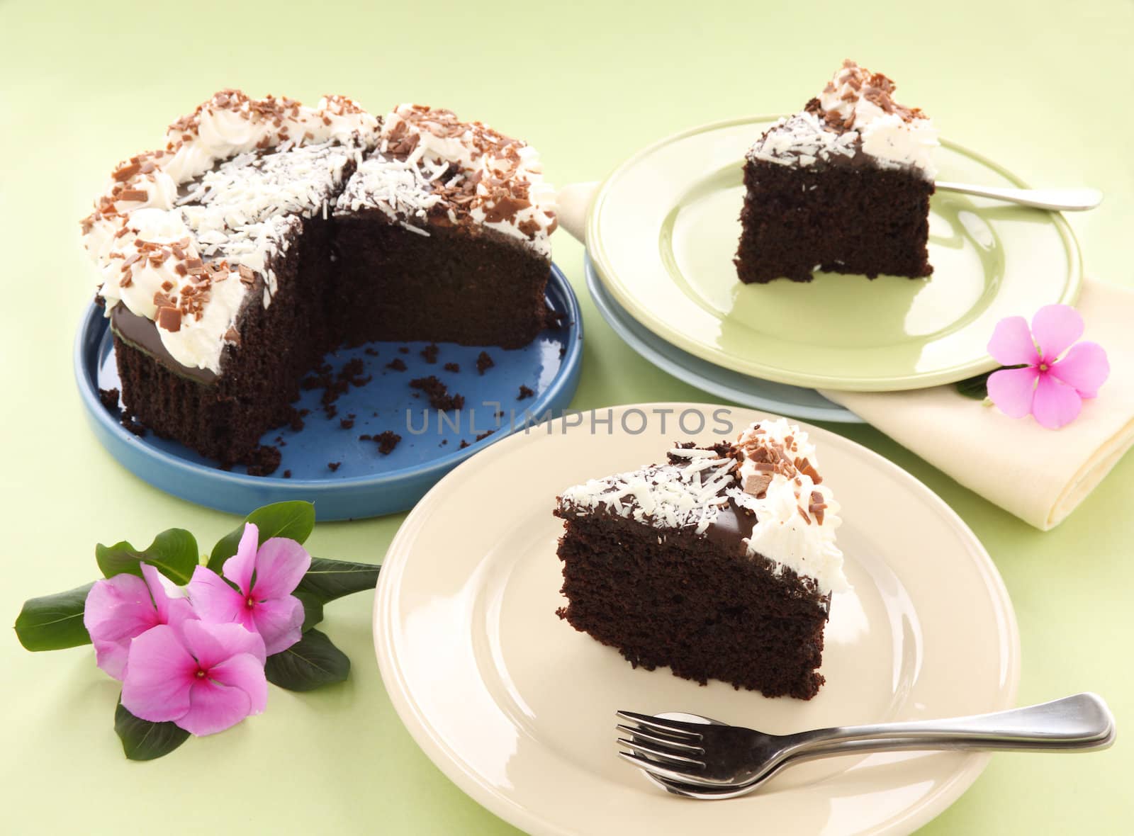 Delicious slices of chocolate mud cake ready to serve.