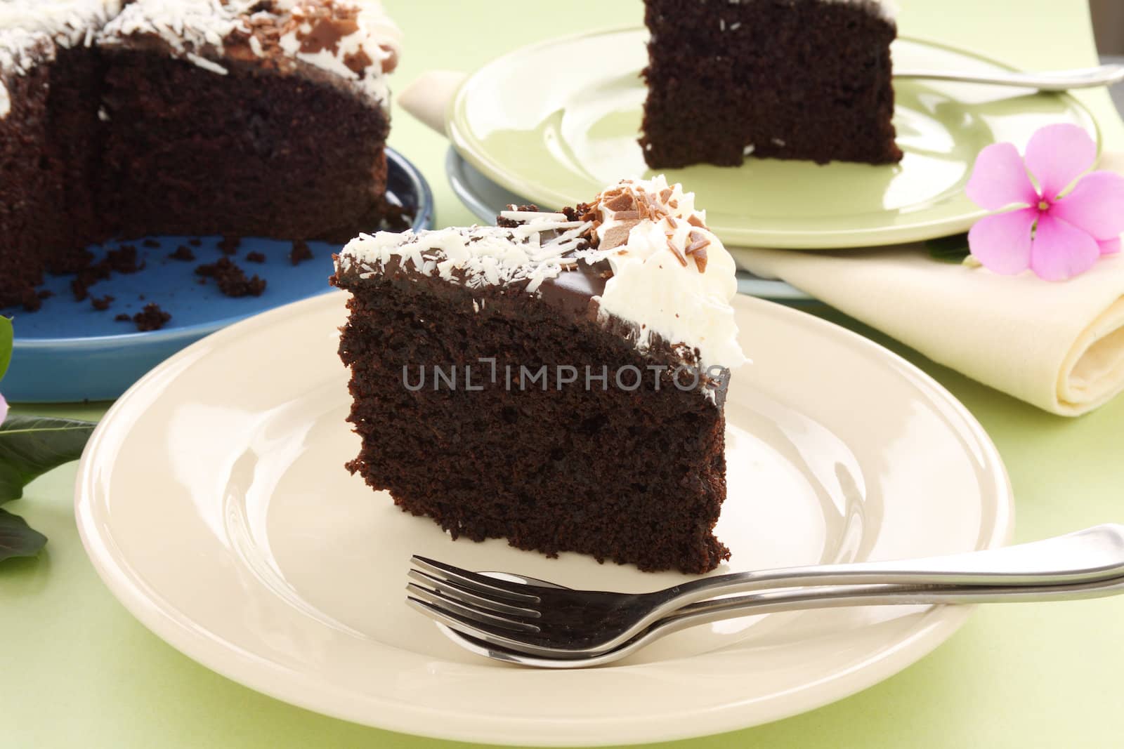 Delicious slices of chocolate mud cake ready to serve.