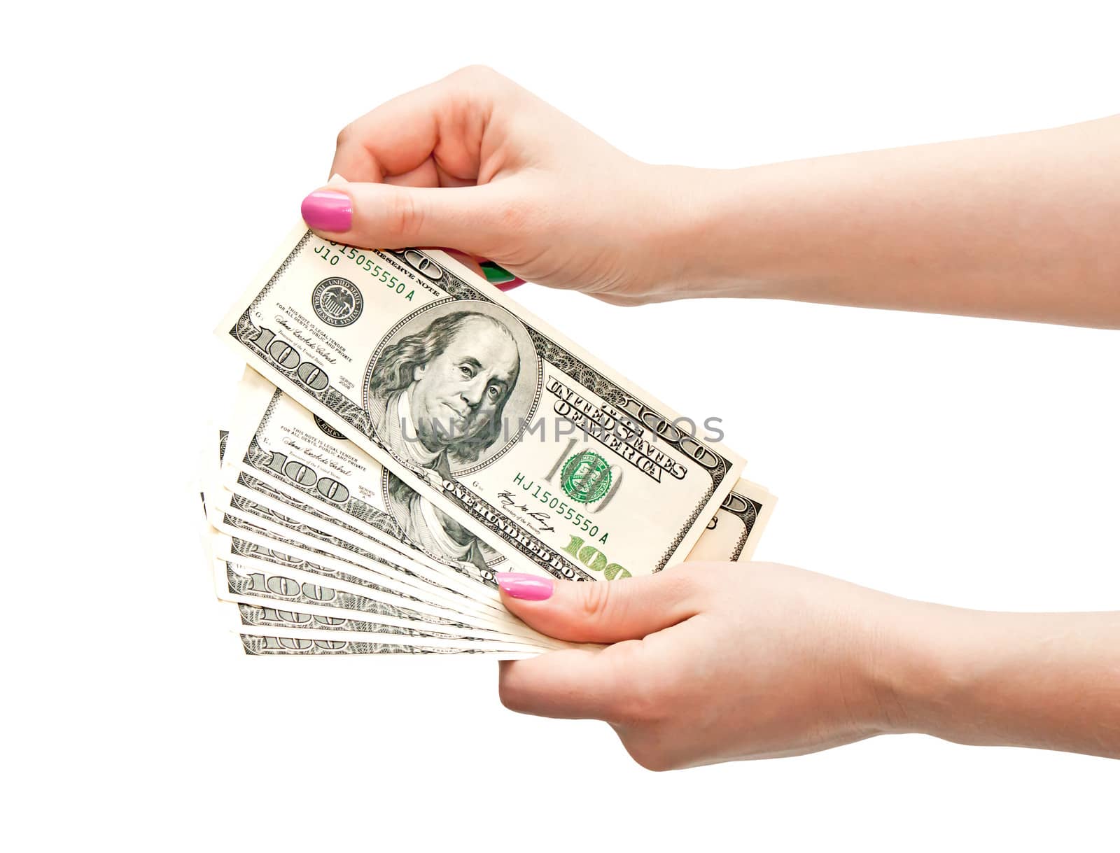 Woman’s hands counting 100 US dollar banknotes, isolated on white background 
