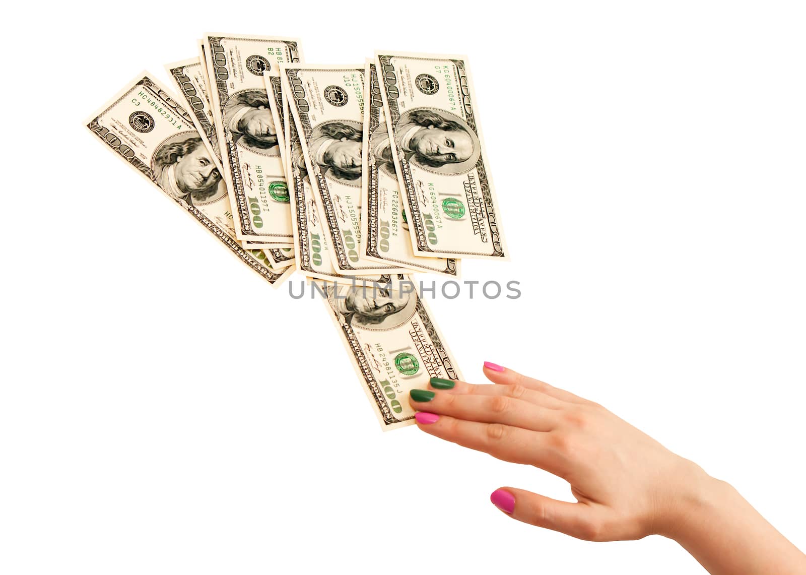 Woman’s hand taking a 100 dollar note from many banknotes, isolated on white background
