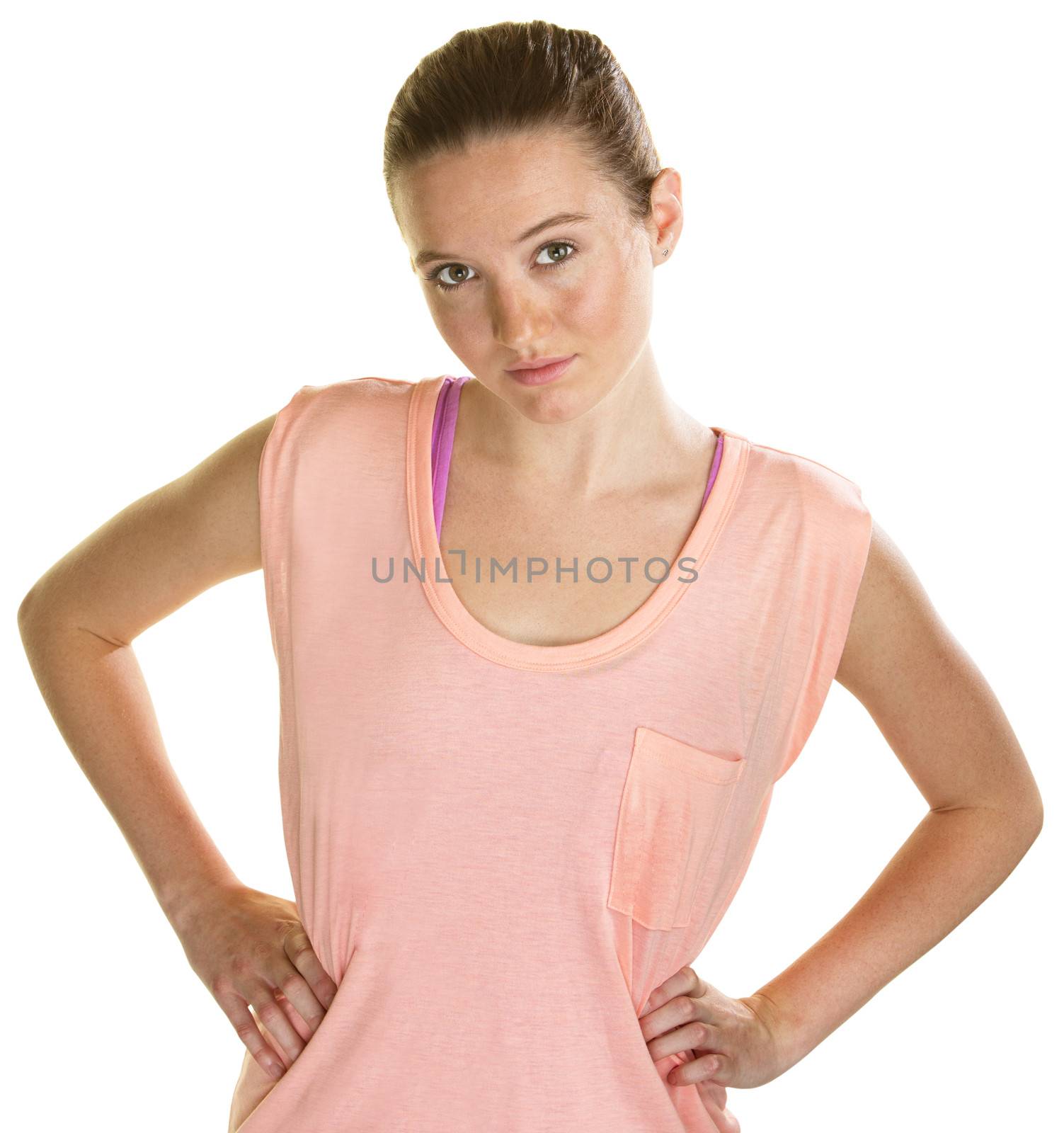 Young skeptical woman with hands on hips