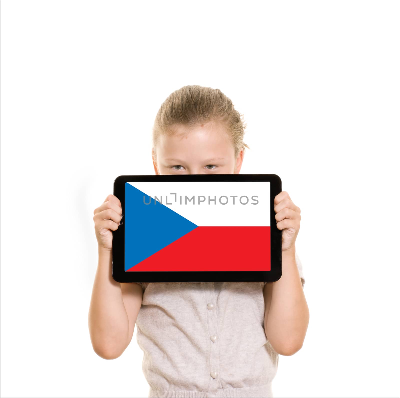 czech republic flag on a tablet computer held by young girl