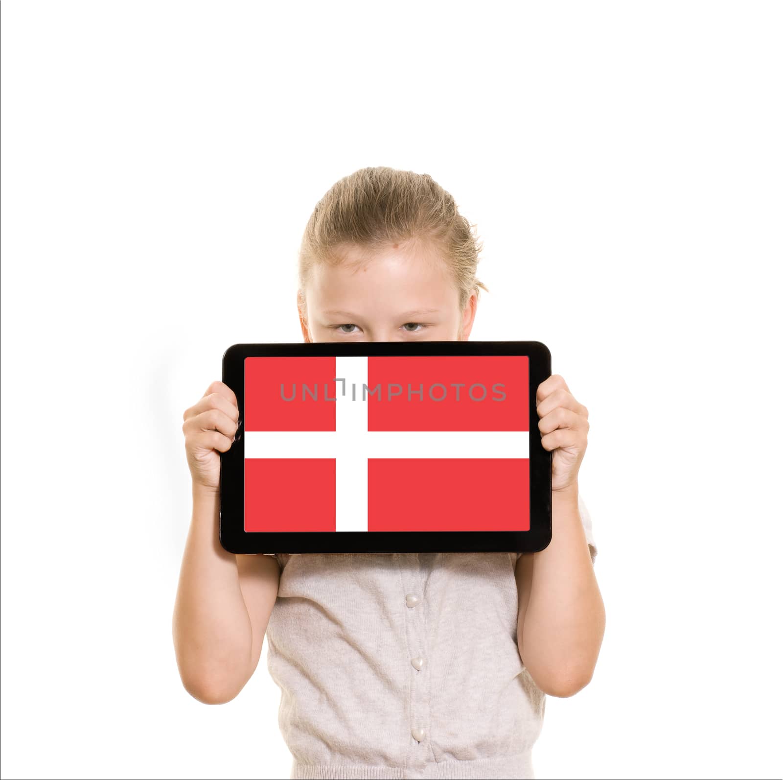 flag of denmark on tablet computer held by young girl