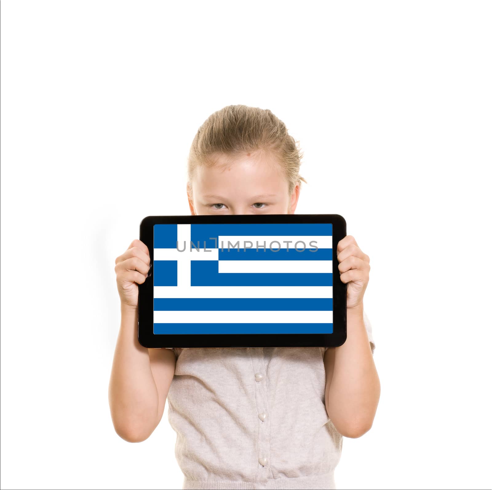 flag of Greece on tablet computer held by young girl