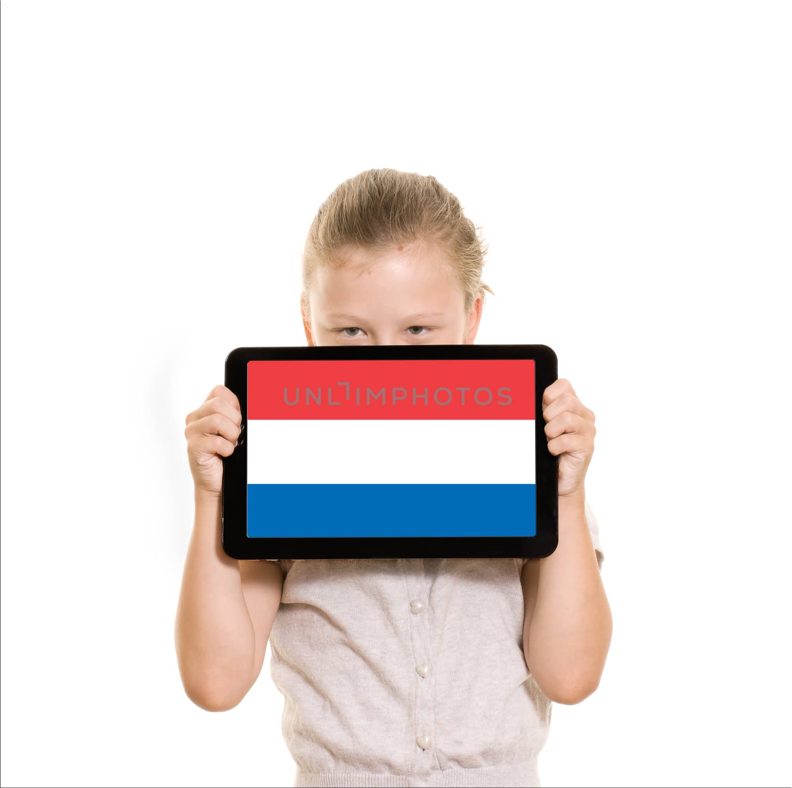 flag of Holland diplayed on tablet computer held by young girl