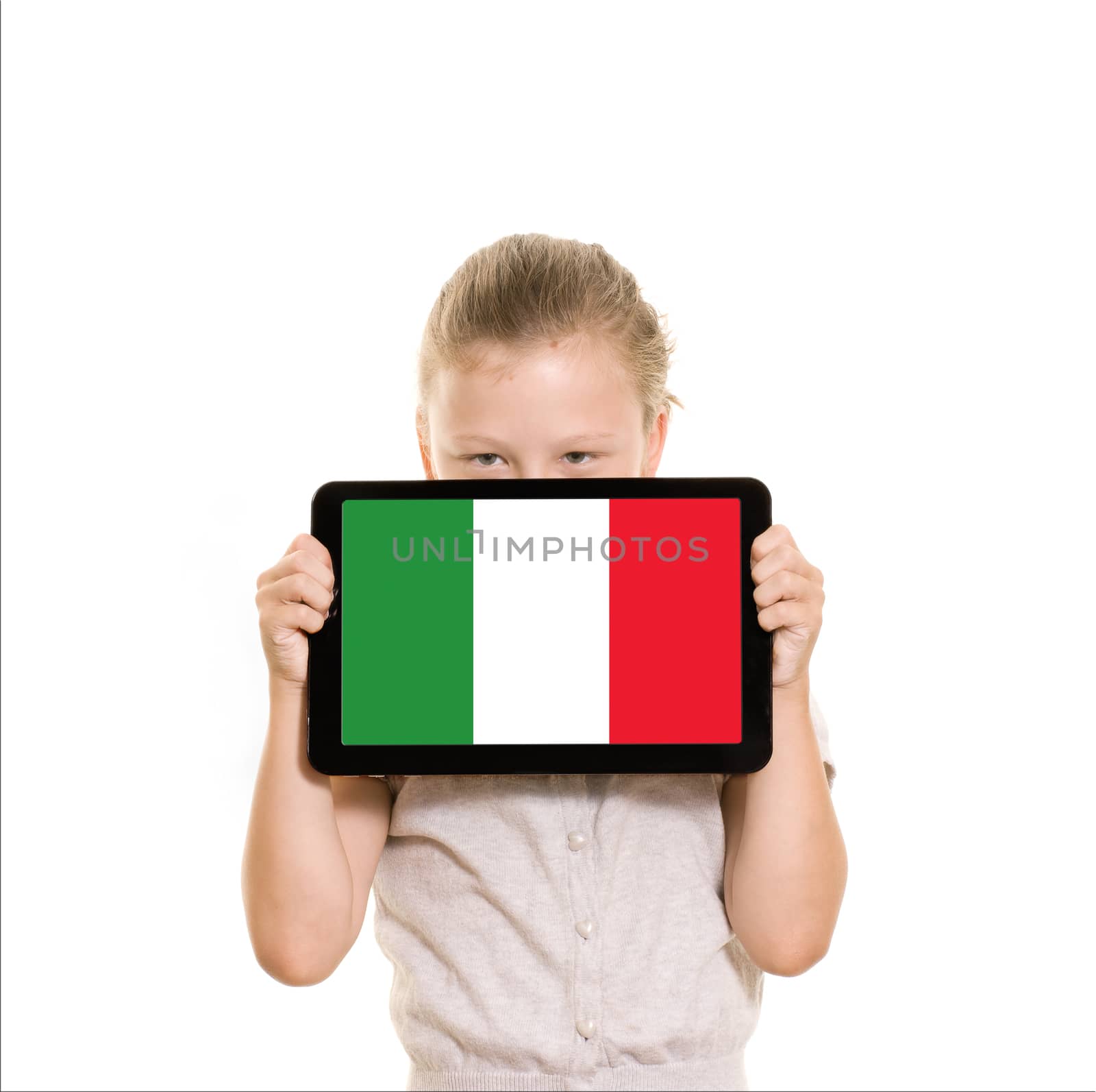 flag of Italy displayed on tablet computer held by young girl