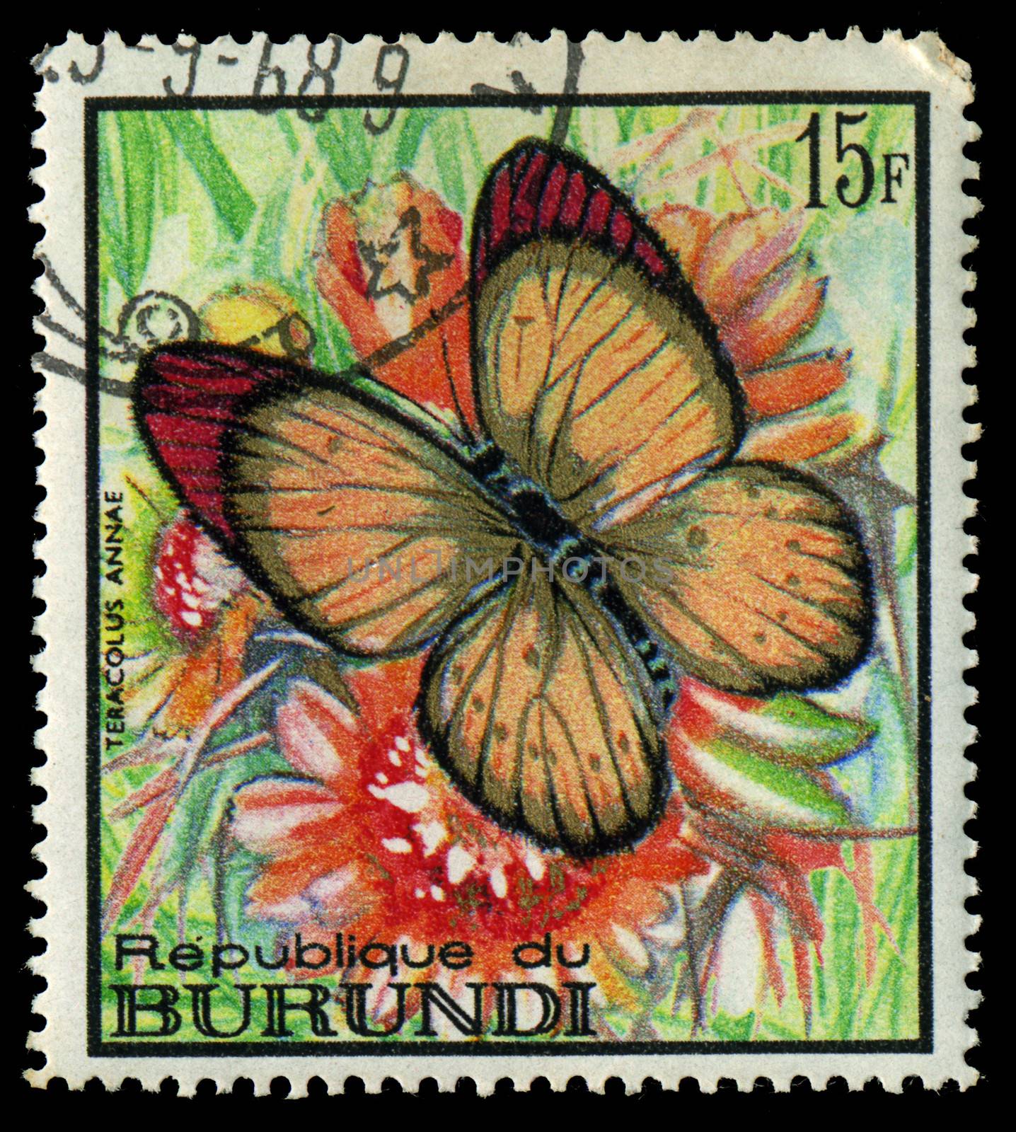 REPUBLIC OF BURUNDI - CIRCA 1968: A stamp printed in Burundi shows a butterfly Teracolus annae, circa 1968 by Zhukow