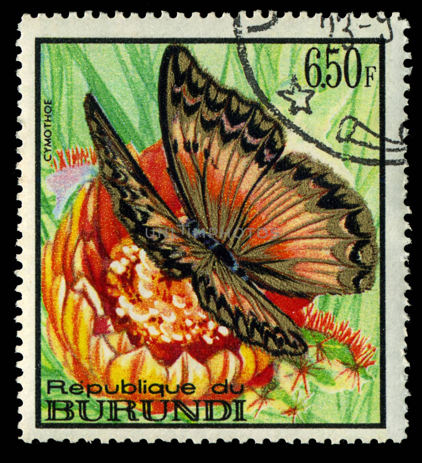 BURUNDI - CIRCA 1973: A stamp printed in Burundi shows butterfly Cymothoe, circa 1973 by Zhukow