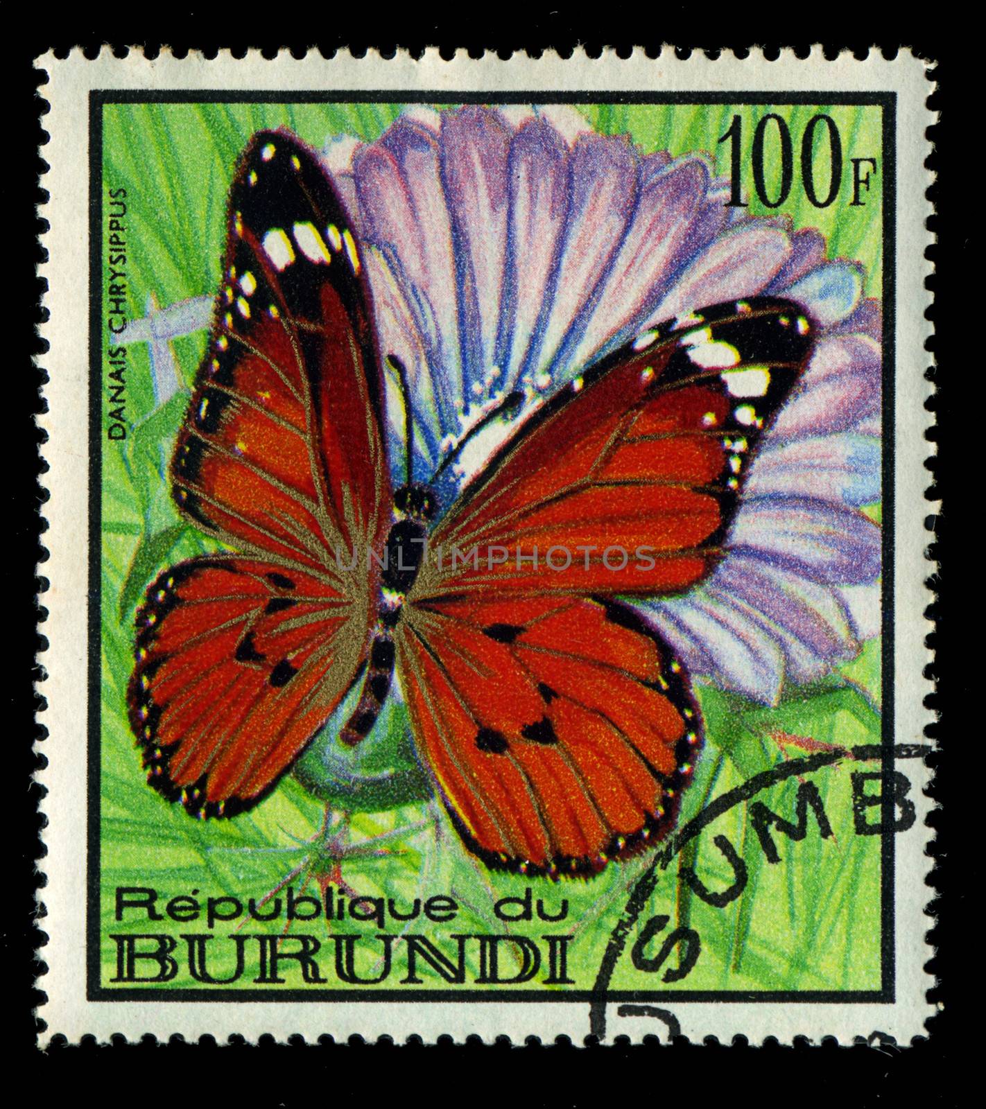  BURUNDI - CIRCA 1968: A stamp printed in Burundi, shows butterfly Danais Chrysippus, series, circa 1968 by Zhukow