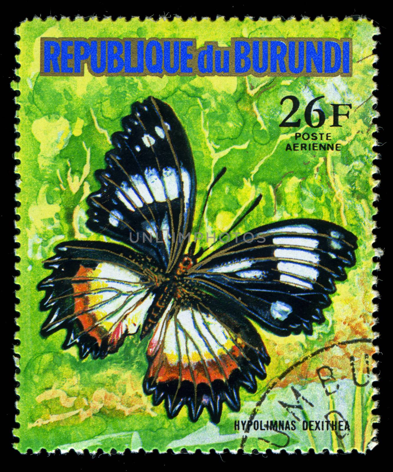 REPUBLIC OF BURUNDI - CIRCA 1974: A stamp printed in Burundi shows a butterfly Hupolimnas Dexithea, series, circa 1974 by Zhukow