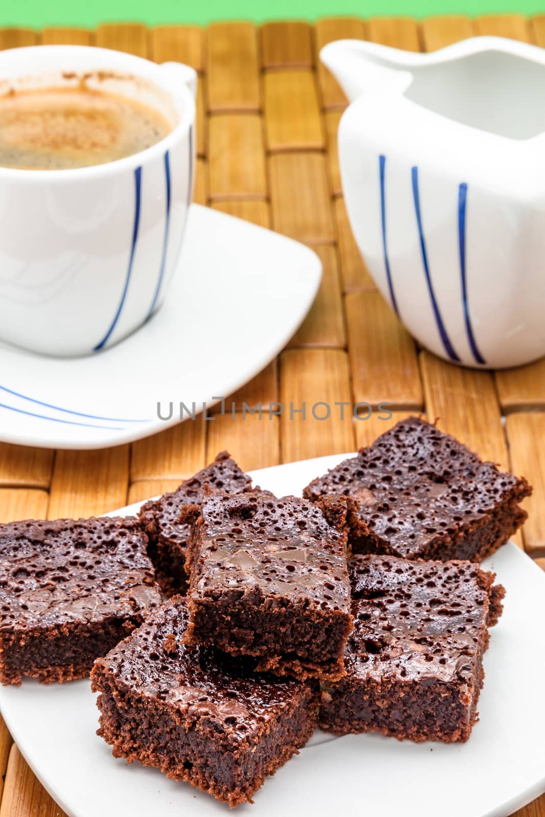 Chocolate brownies with coffee, selective focus
